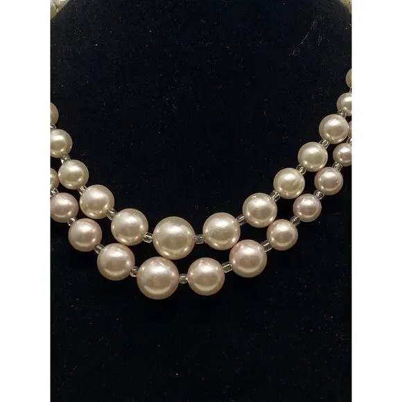 Heritage 50s Faux Pearl w/ Clear Divide Beads Necklace Double Strand 15" Grandma - Picture 2 of 5